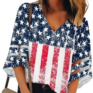 Dressy Tops for Women V Neck Mesh Panel 3/4 Bell Sleeve Loose Blouse Top